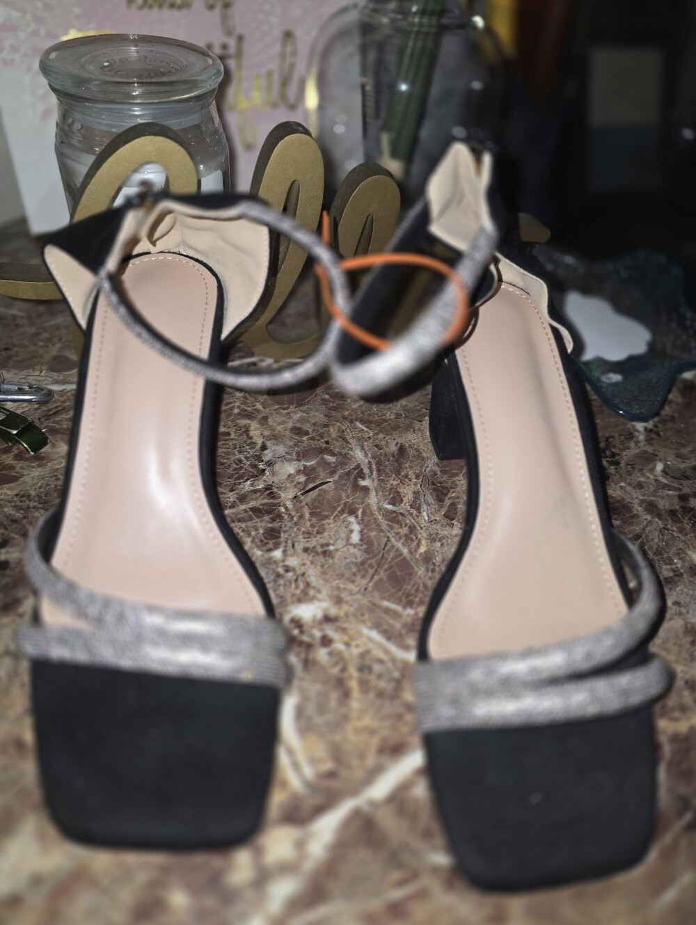 Black Sandal Heels with Silver Accent Ankle Strap - Picture 5 of 6